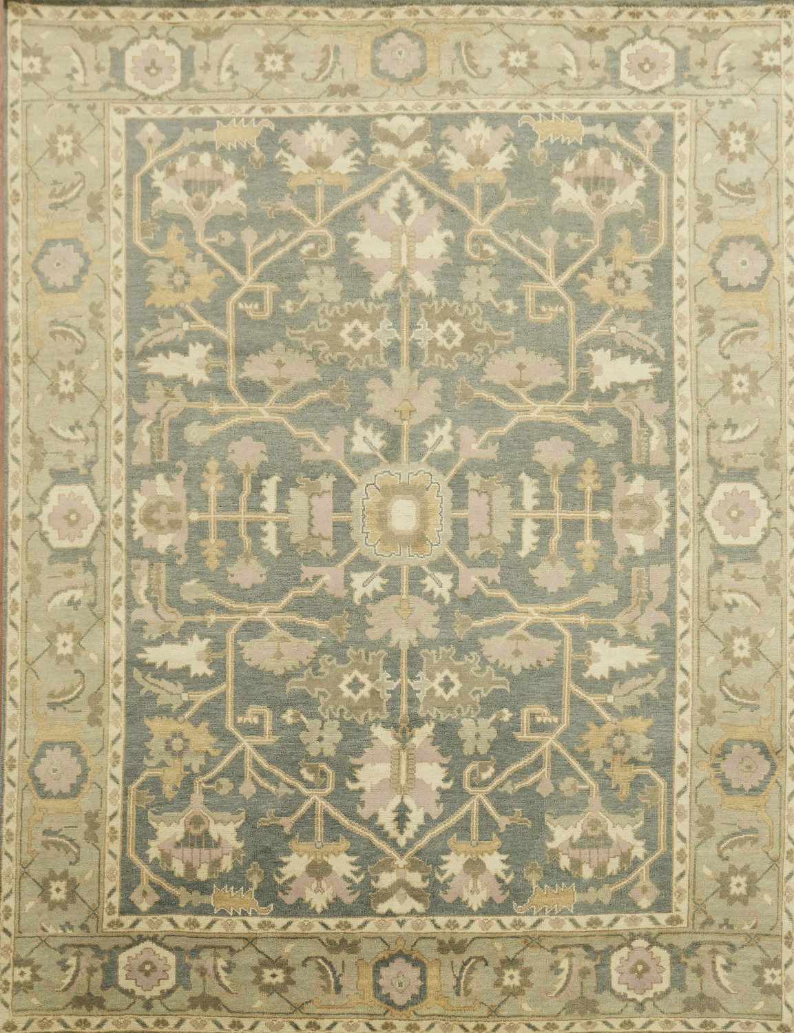 Classic Blue and Green Oushak Hand-Knotted Wool Rug 9x12 ft