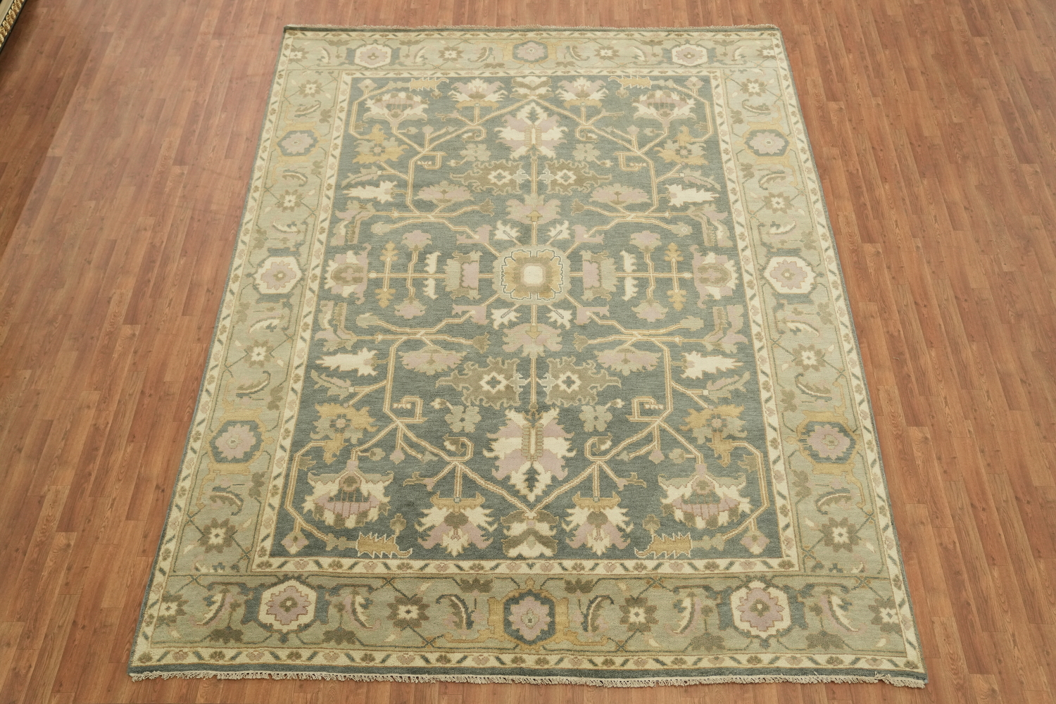 Classic Blue and Green Oushak Hand-Knotted Wool Rug 9x12 ft