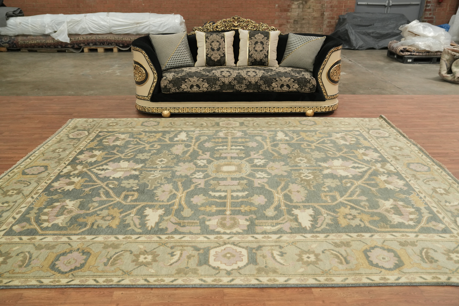Classic Blue and Green Oushak Hand-Knotted Wool Rug 9x12 ft