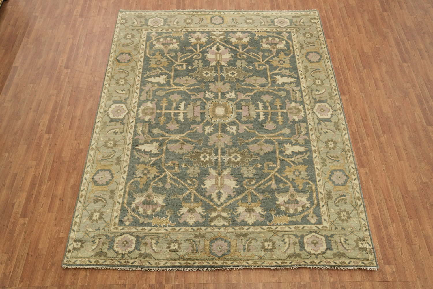 Classic Blue and Green Oushak Hand-Knotted Wool Rug 9x12 ft