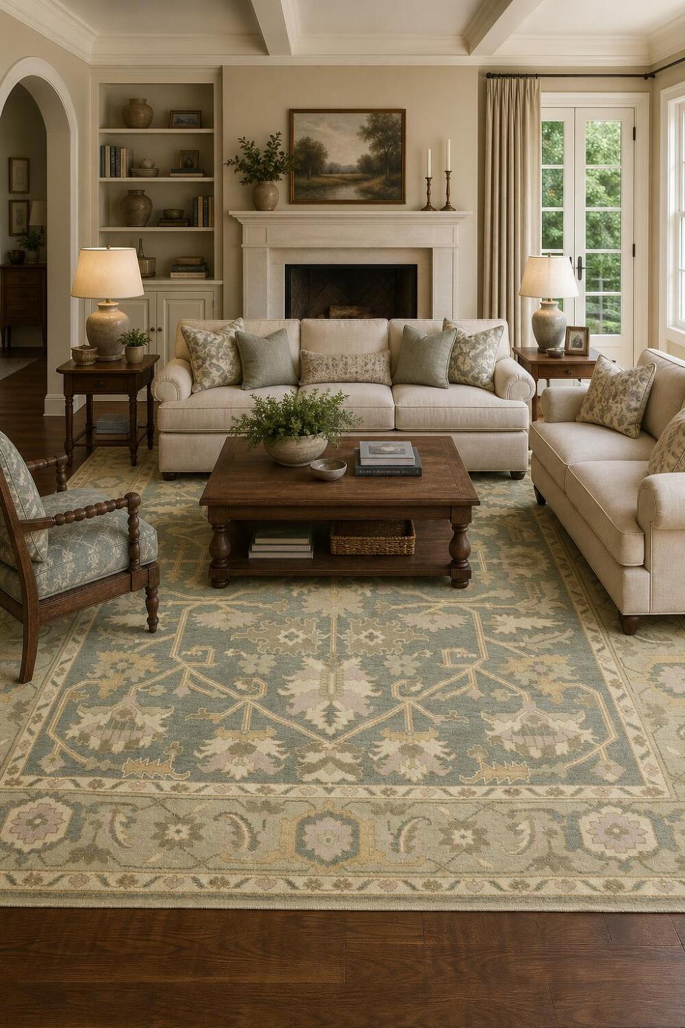 Classic Blue and Green Oushak Hand-Knotted Wool Rug 9x12 ft