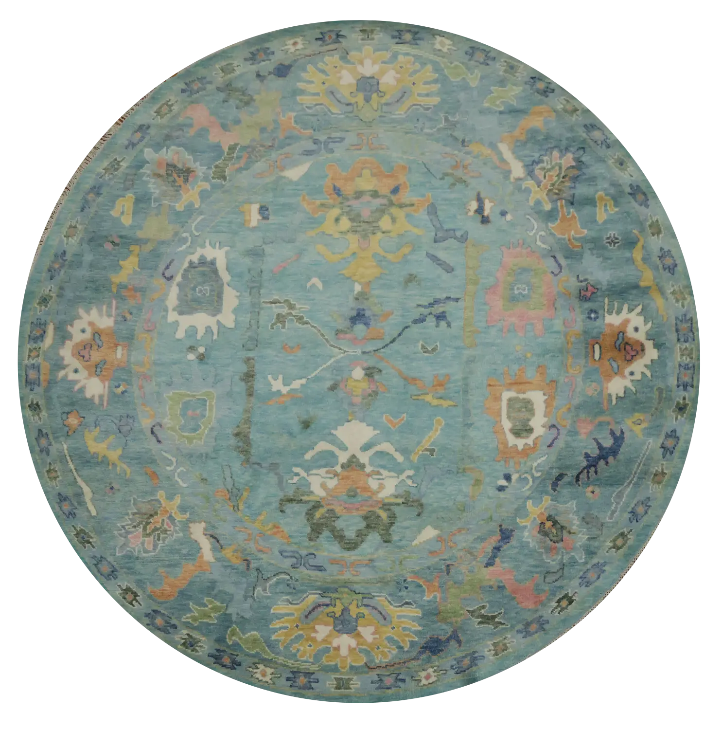 10 ft Round Azure Garden Oushak Wool Rug with Subtle Floral Patterns