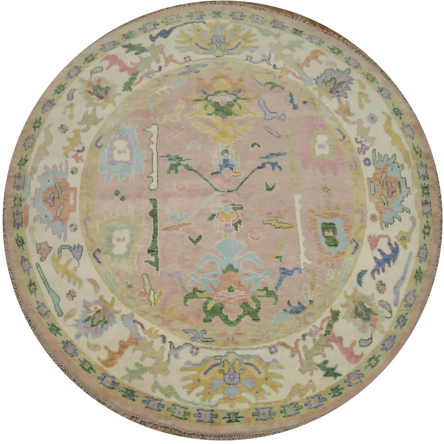 Round Pastel Pink Oushak Rug with Delicate Floral Patterns for Classic Décor 10x10 ft