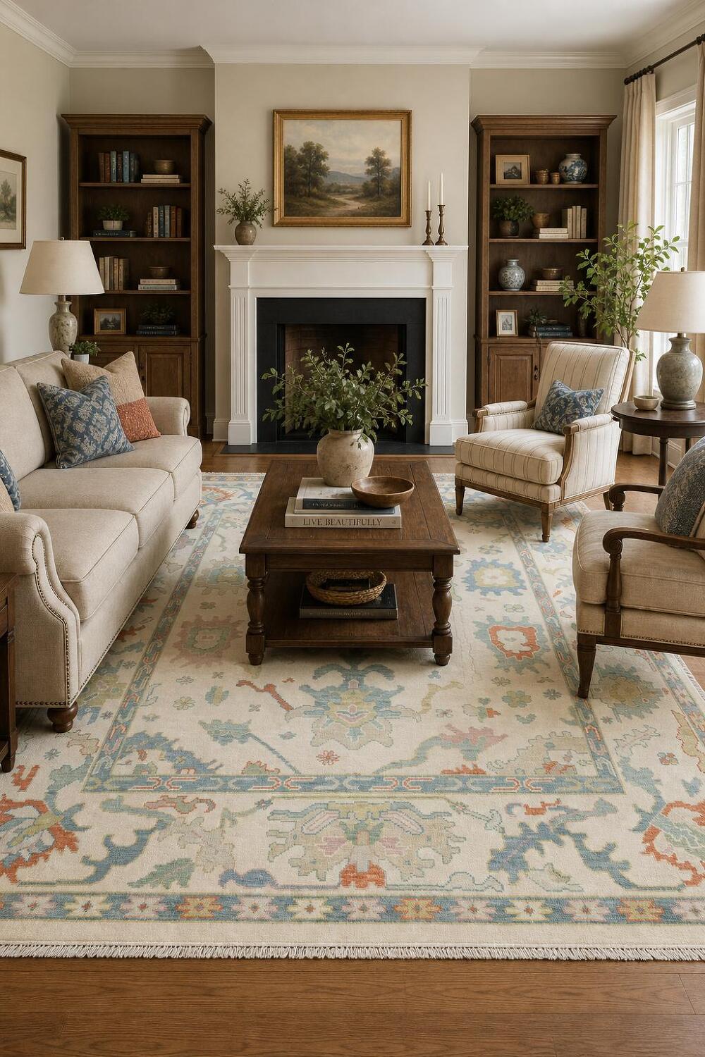 Classic Cream Oushak Rug Featuring Vintage-Inspired Ornate Patterns 8'x10'
