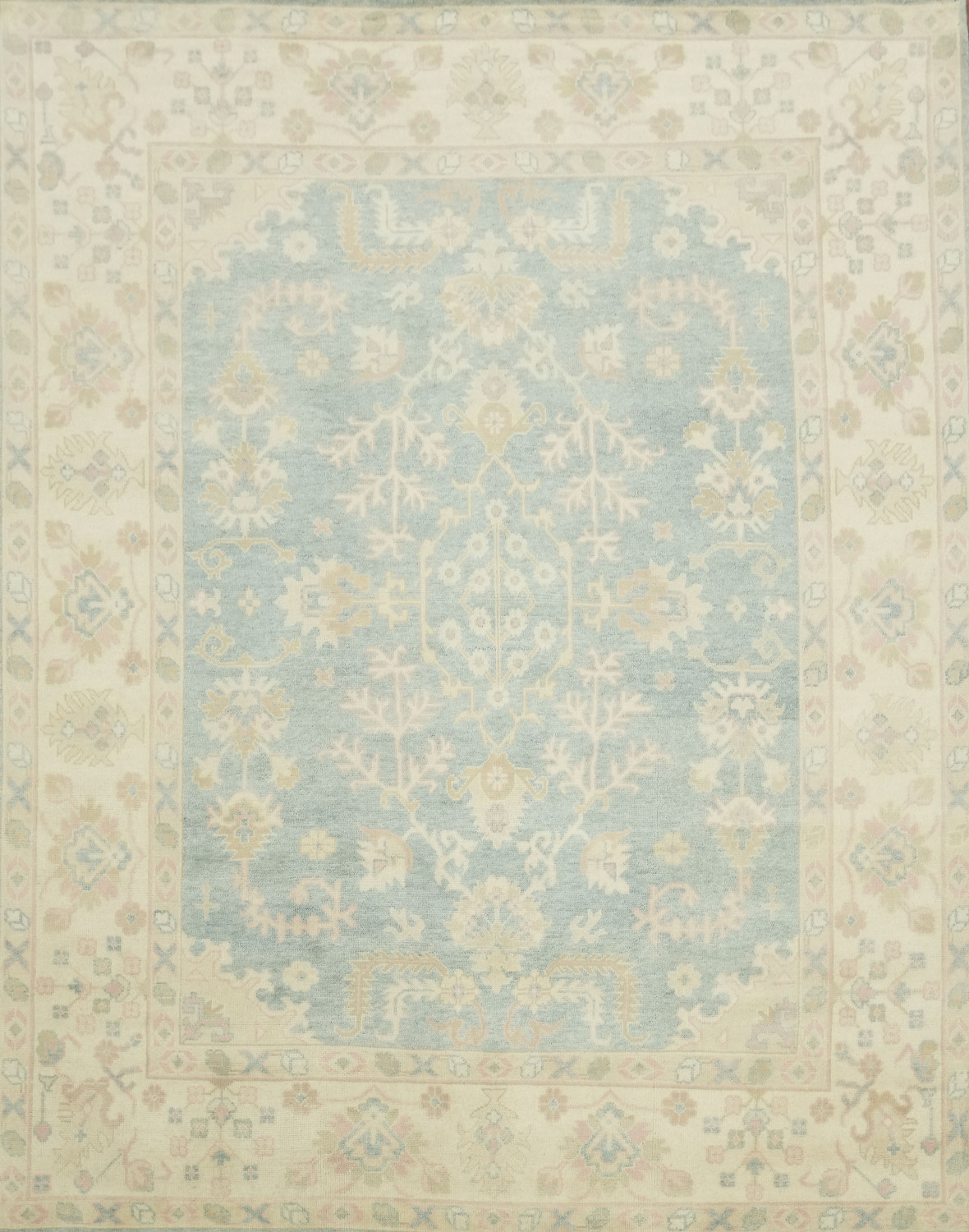 9'x12' Traditional Muted Tone Blue Oushak Hand-Knotted Living Room Rug