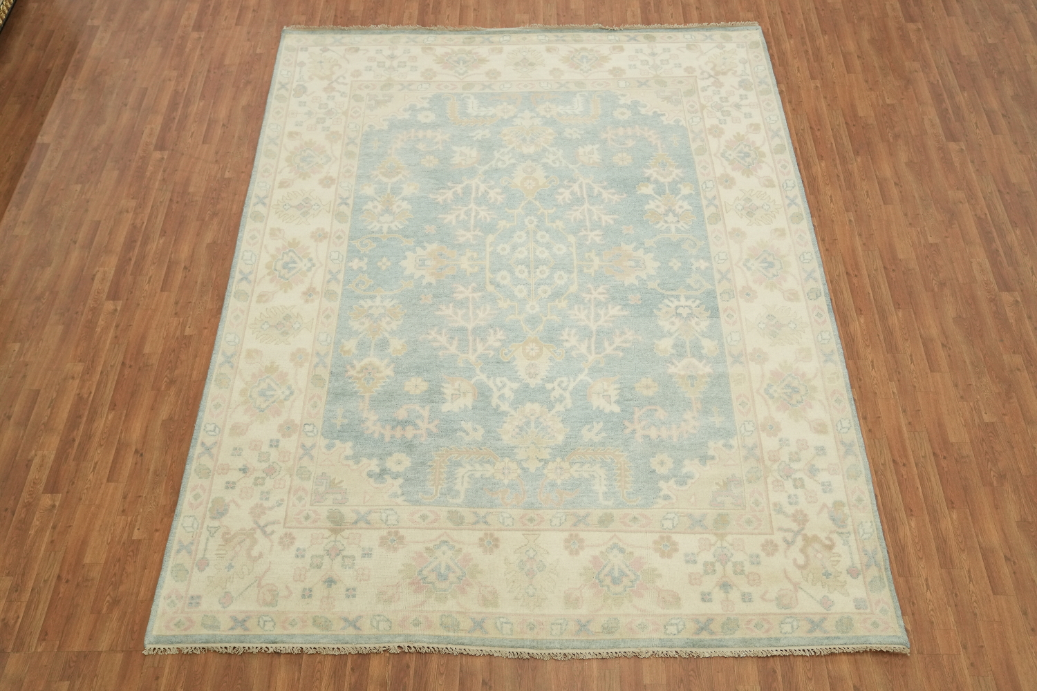 9'x12' Traditional Muted Tone Blue Oushak Hand-Knotted Living Room Rug