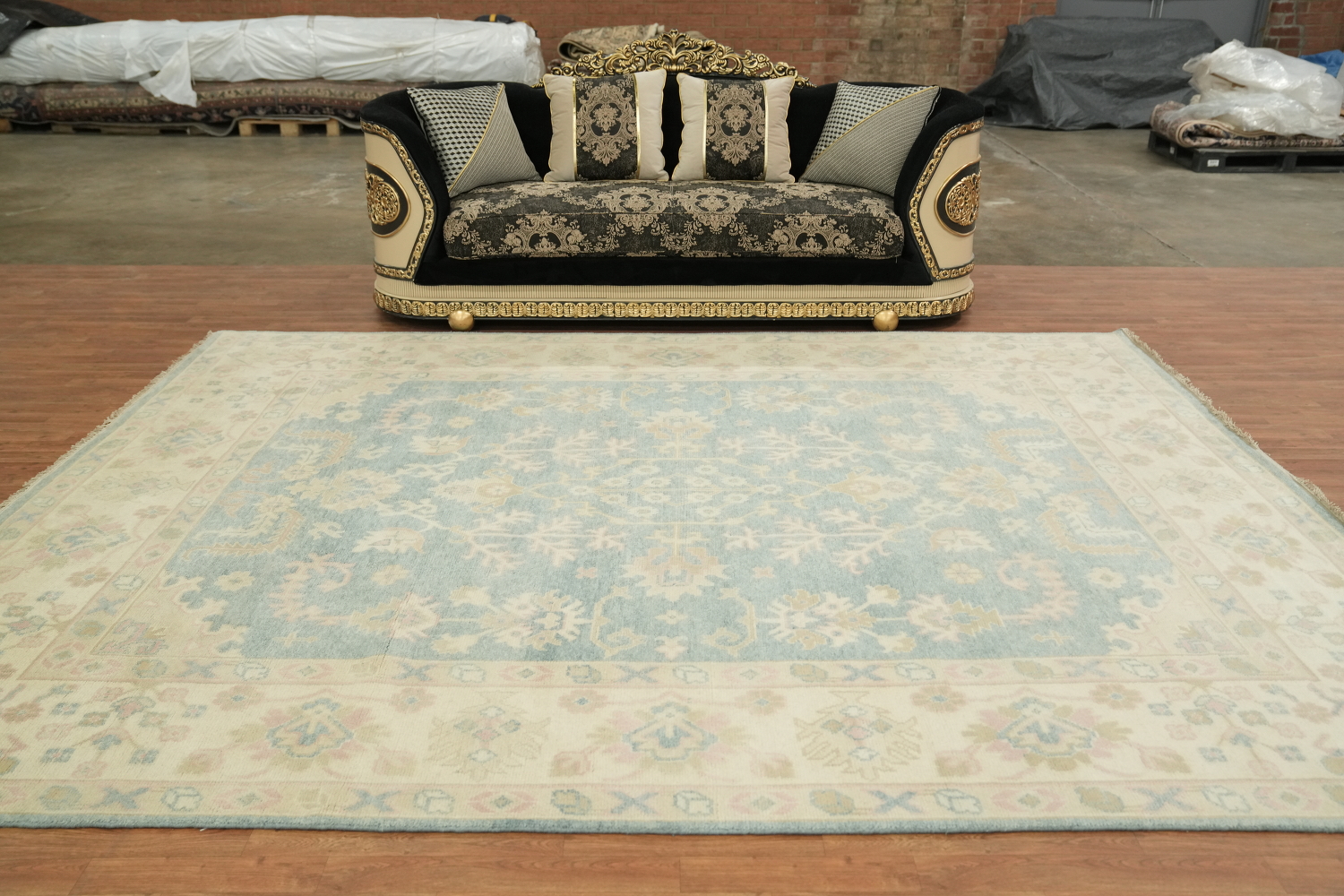 9'x12' Traditional Muted Tone Blue Oushak Hand-Knotted Living Room Rug