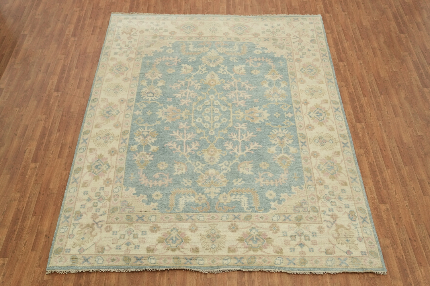 9'x12' Traditional Muted Tone Blue Oushak Hand-Knotted Living Room Rug