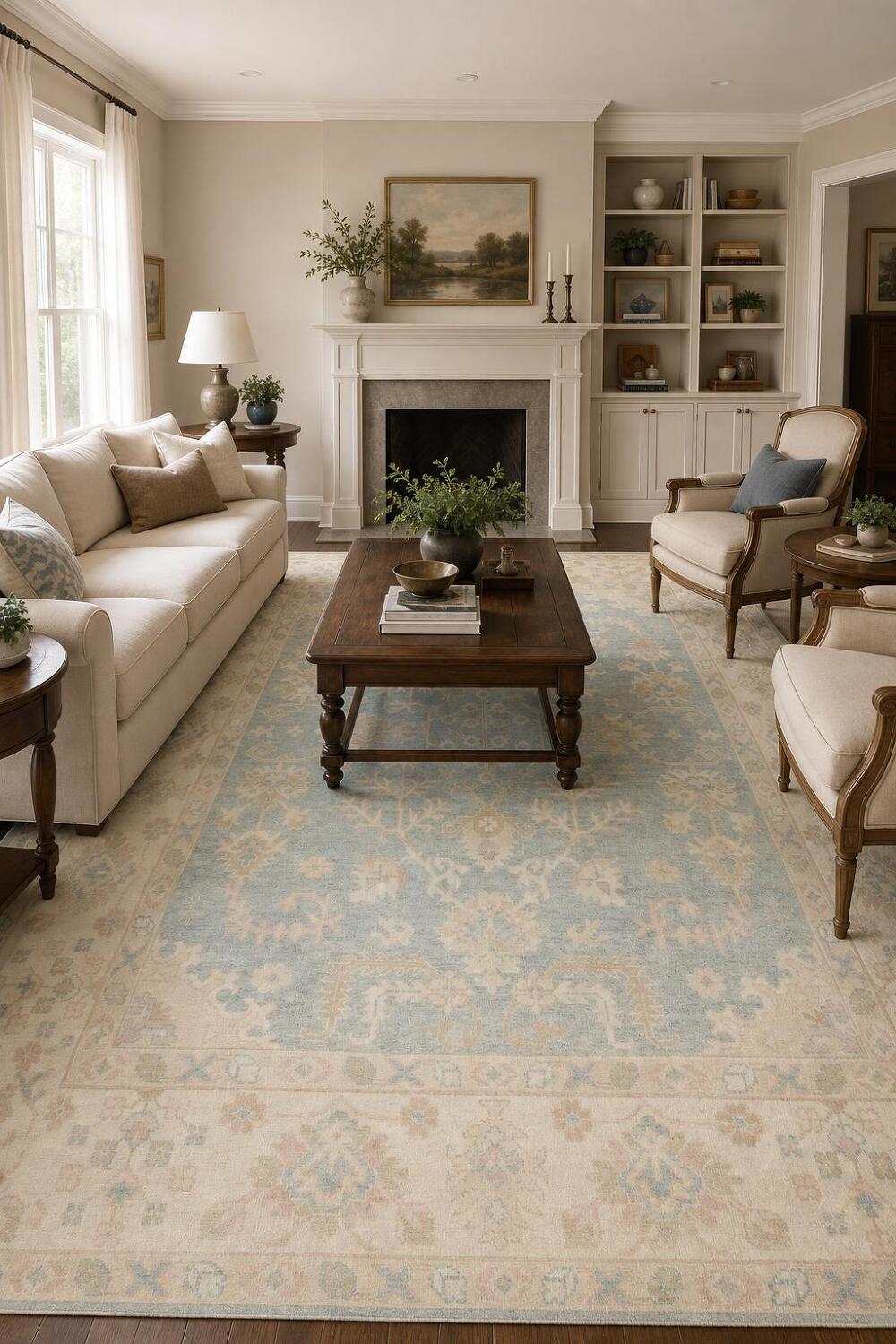 9'x12' Traditional Muted Tone Blue Oushak Hand-Knotted Living Room Rug