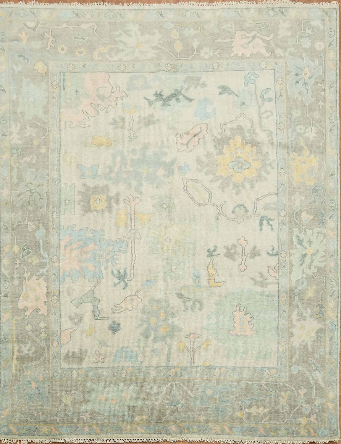 Pastel Pale Sage Green Floral Patterned Wool Rug 8x10