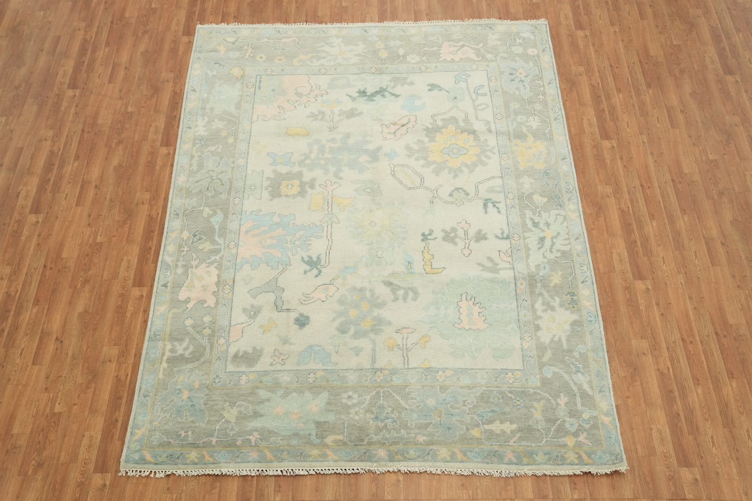 Pastel Pale Sage Green Floral Patterned Wool Rug 8x10