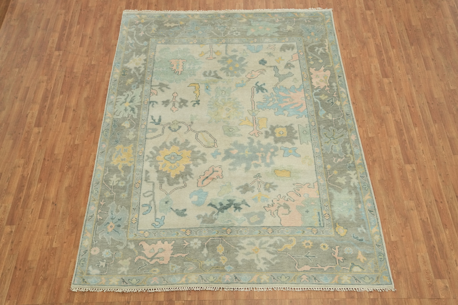 Pastel Pale Sage Green Floral Patterned Wool Rug 8x10