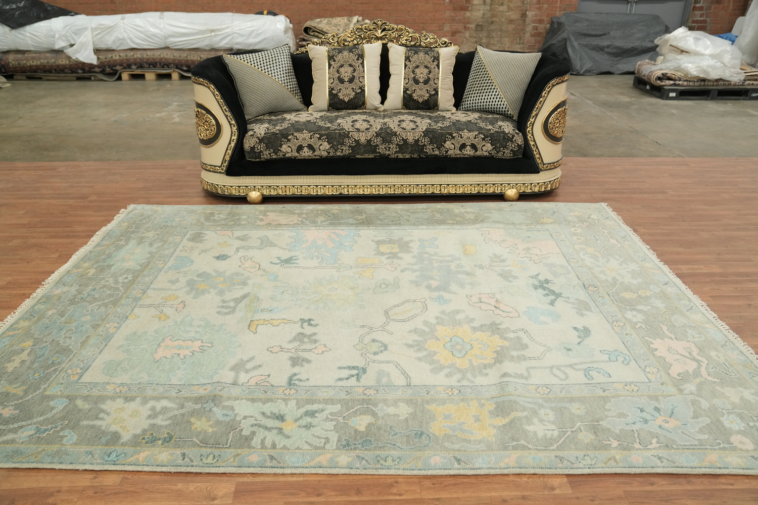 Pastel Pale Sage Green Floral Patterned Wool Rug 8x10