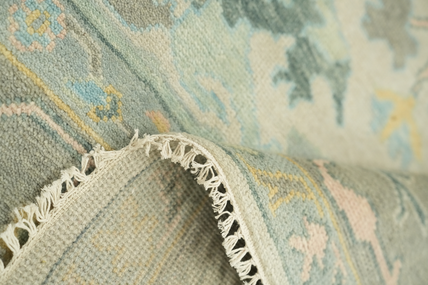 Pastel Pale Sage Green Floral Patterned Wool Rug 8x10