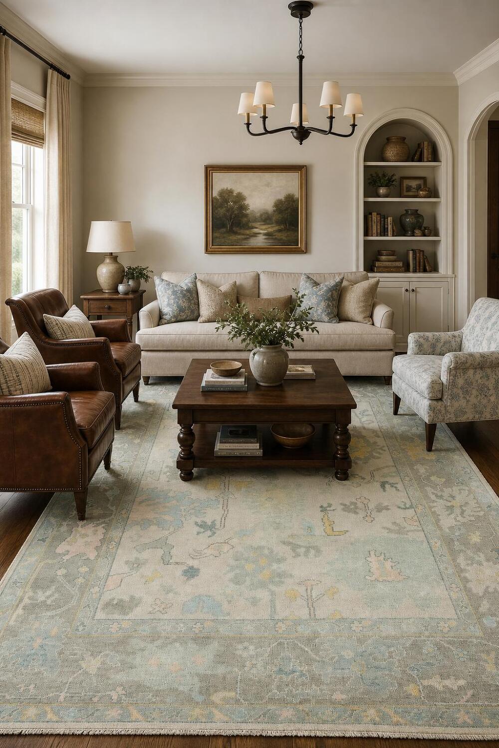 Pastel Pale Sage Green Floral Patterned Wool Rug 8x10