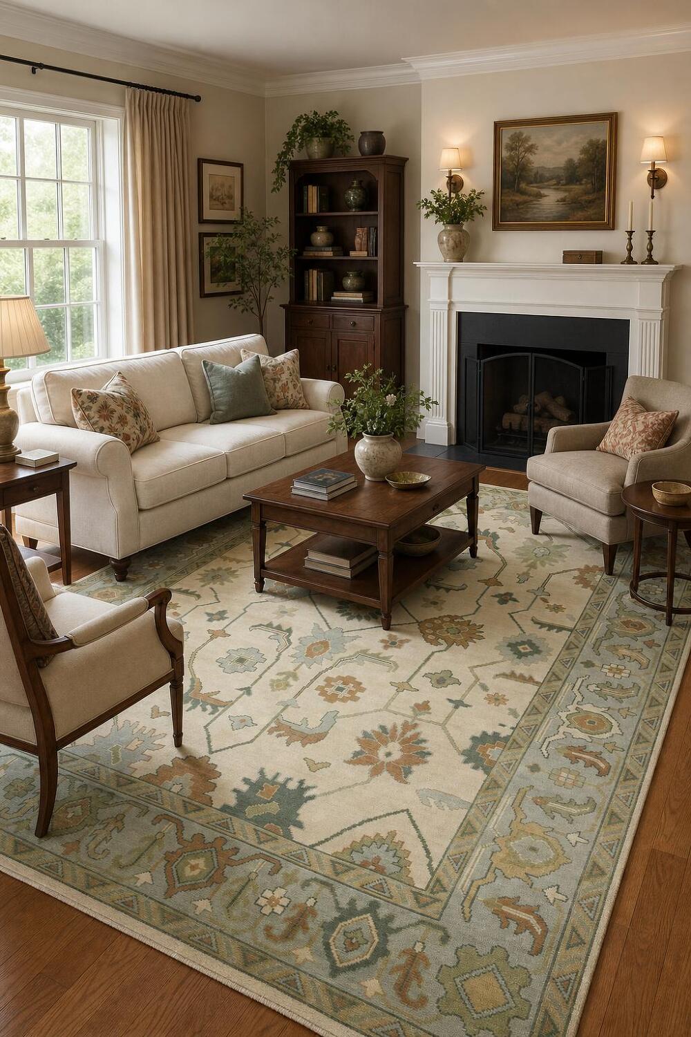 Classic Ivory and Blue Rug with Traditional Floral Motifs 9'x12'