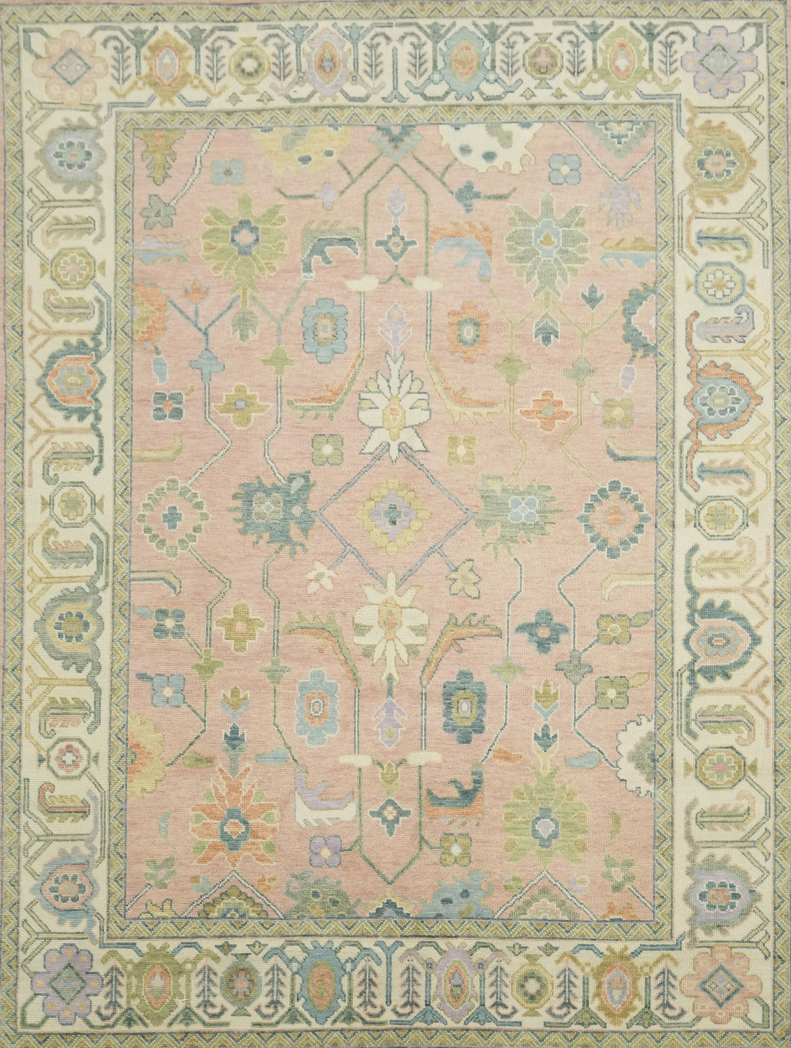 9'x12' Pastel-Toned Pink Oushak Traditional Hand-Knotted Wool Large Rug