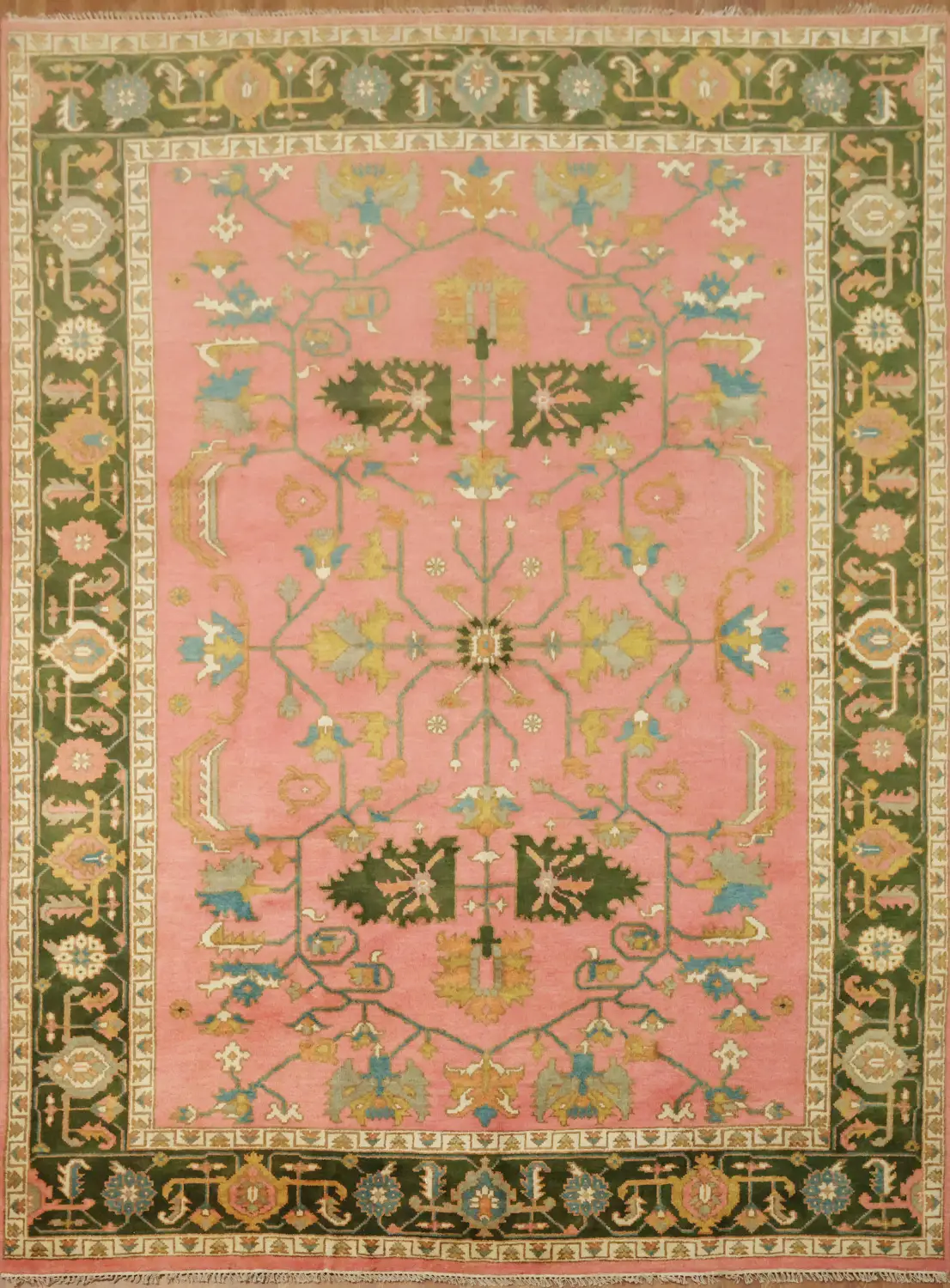 Charming Pink and Green Rug with Artistic Floral Patterns 9x12