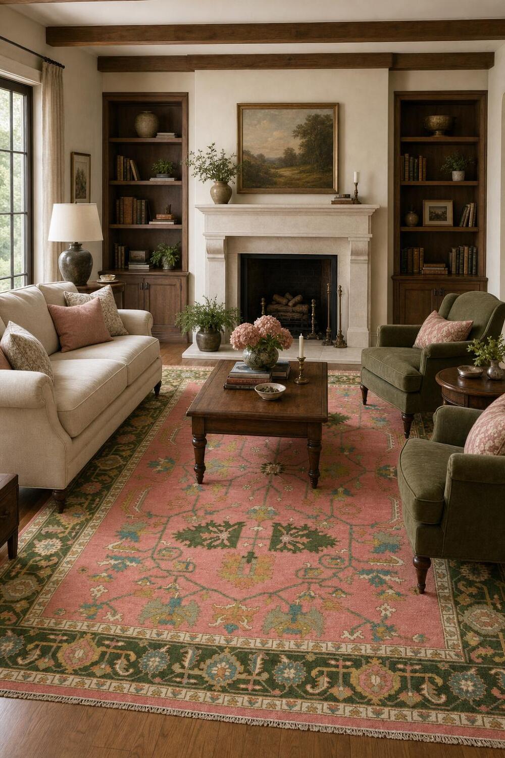Charming Pink and Green Rug with Artistic Floral Patterns 9x12