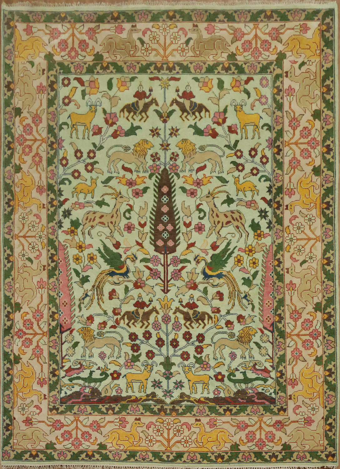 Mint Green Hunting Design Animal Pictorial Hand-Knotted Rug 9x12