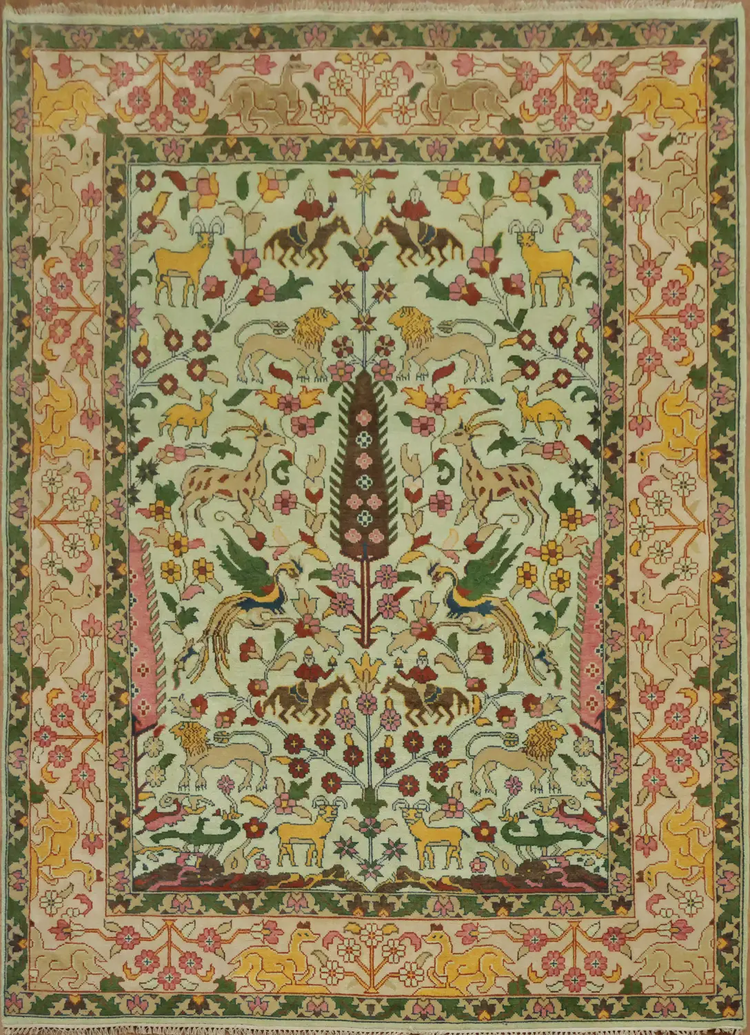 Mint Green Hunting Design Animal Pictorial Hand-Knotted Rug 9x12