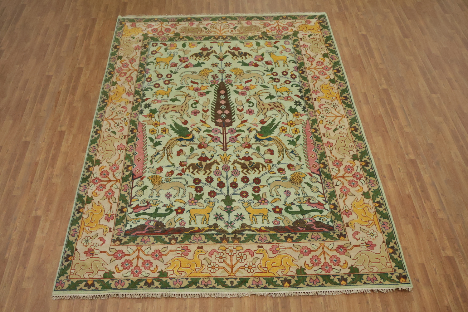 Mint Green Hunting Design Animal Pictorial Hand-Knotted Rug 9x12