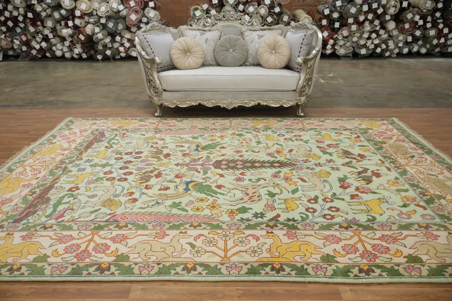 Mint Green Hunting Design Animal Pictorial Hand-Knotted Rug 9x12