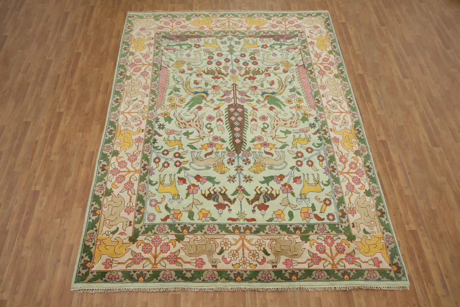 Mint Green Hunting Design Animal Pictorial Hand-Knotted Rug 9x12