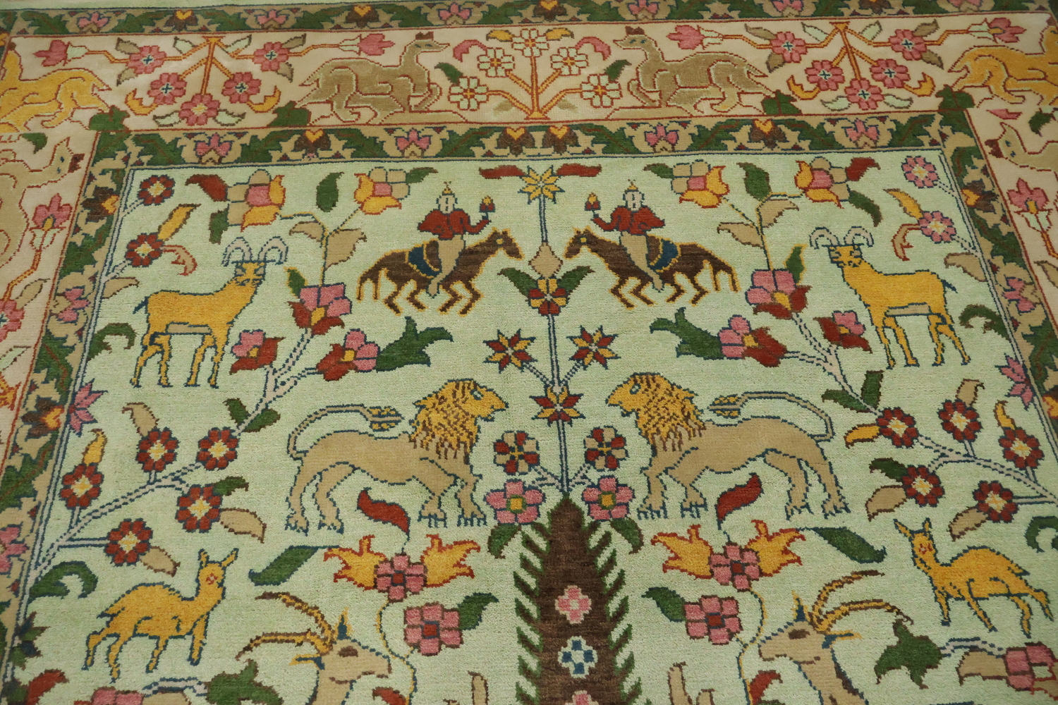 Mint Green Hunting Design Animal Pictorial Hand-Knotted Rug 9x12