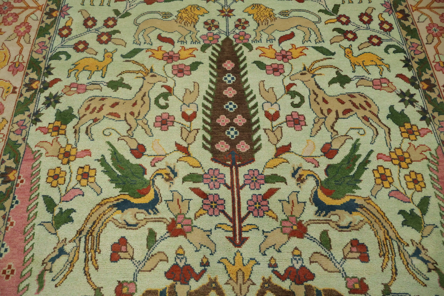 Mint Green Hunting Design Animal Pictorial Hand-Knotted Rug 9x12