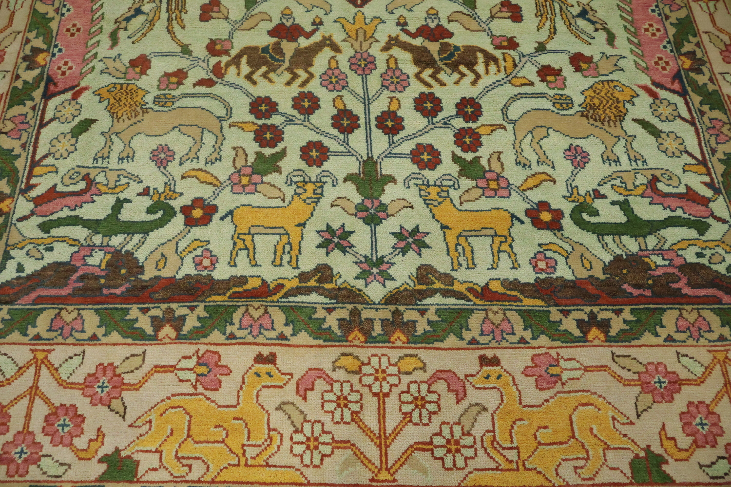 Mint Green Hunting Design Animal Pictorial Hand-Knotted Rug 9x12