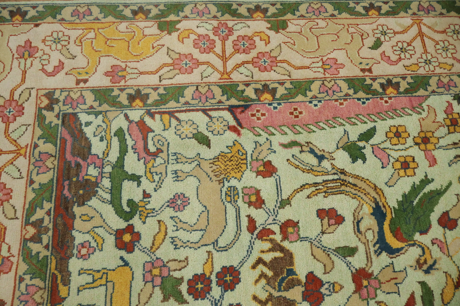 Mint Green Hunting Design Animal Pictorial Hand-Knotted Rug 9x12