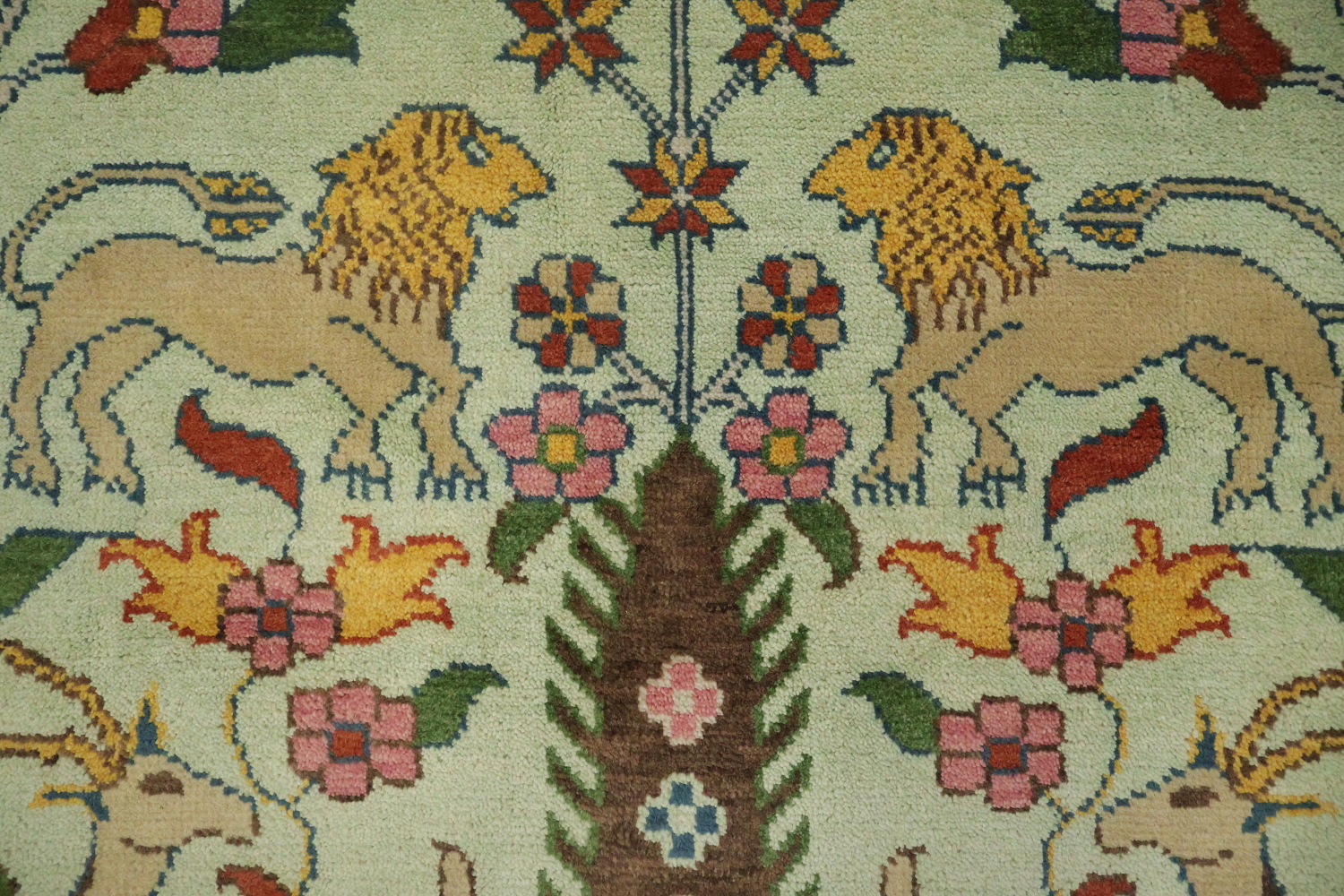Mint Green Hunting Design Animal Pictorial Hand-Knotted Rug 9x12
