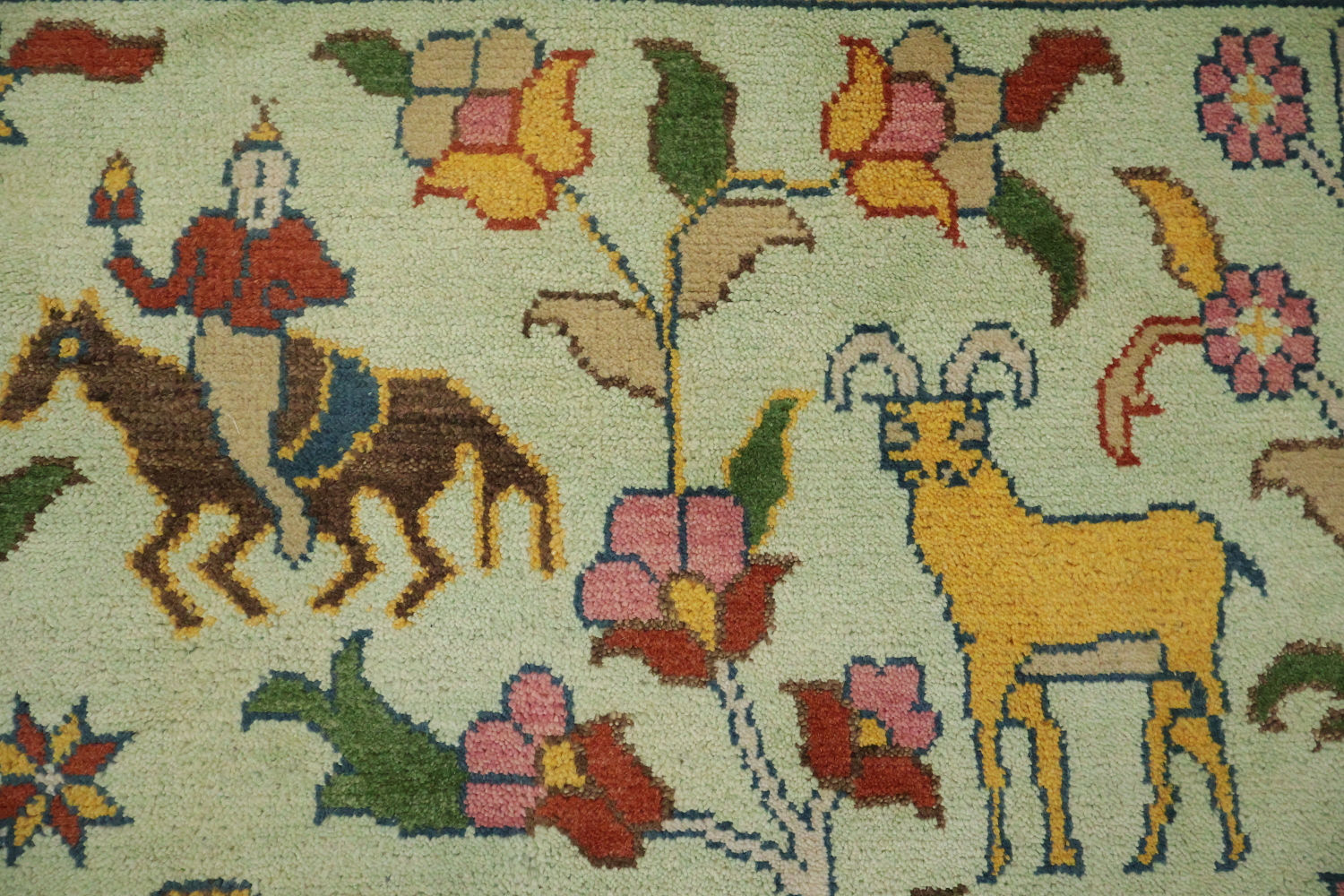 Mint Green Hunting Design Animal Pictorial Hand-Knotted Rug 9x12