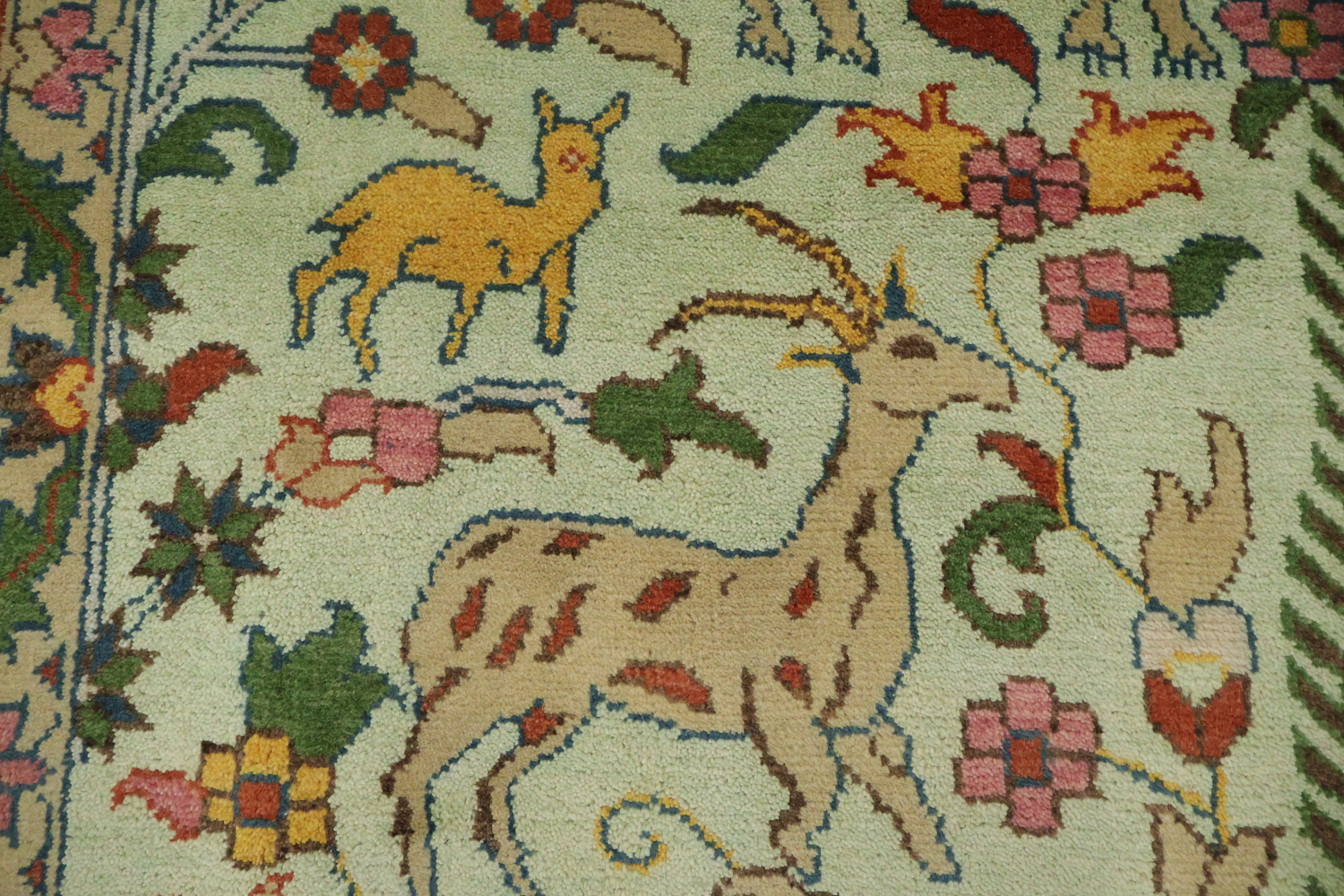 Mint Green Hunting Design Animal Pictorial Hand-Knotted Rug 9x12