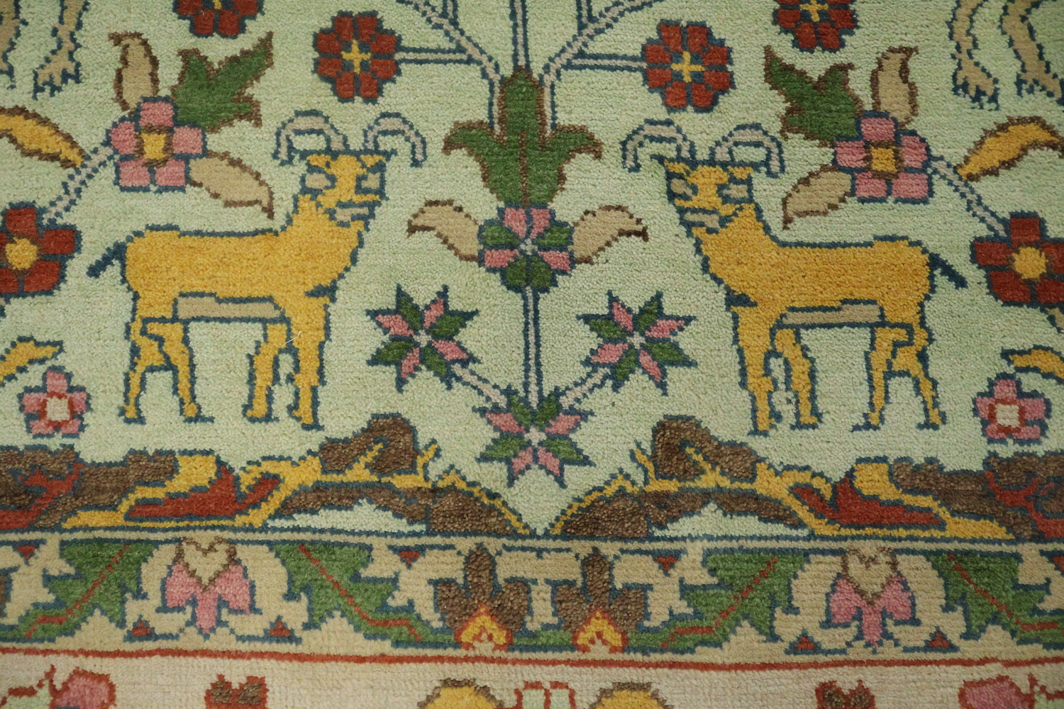 Mint Green Hunting Design Animal Pictorial Hand-Knotted Rug 9x12