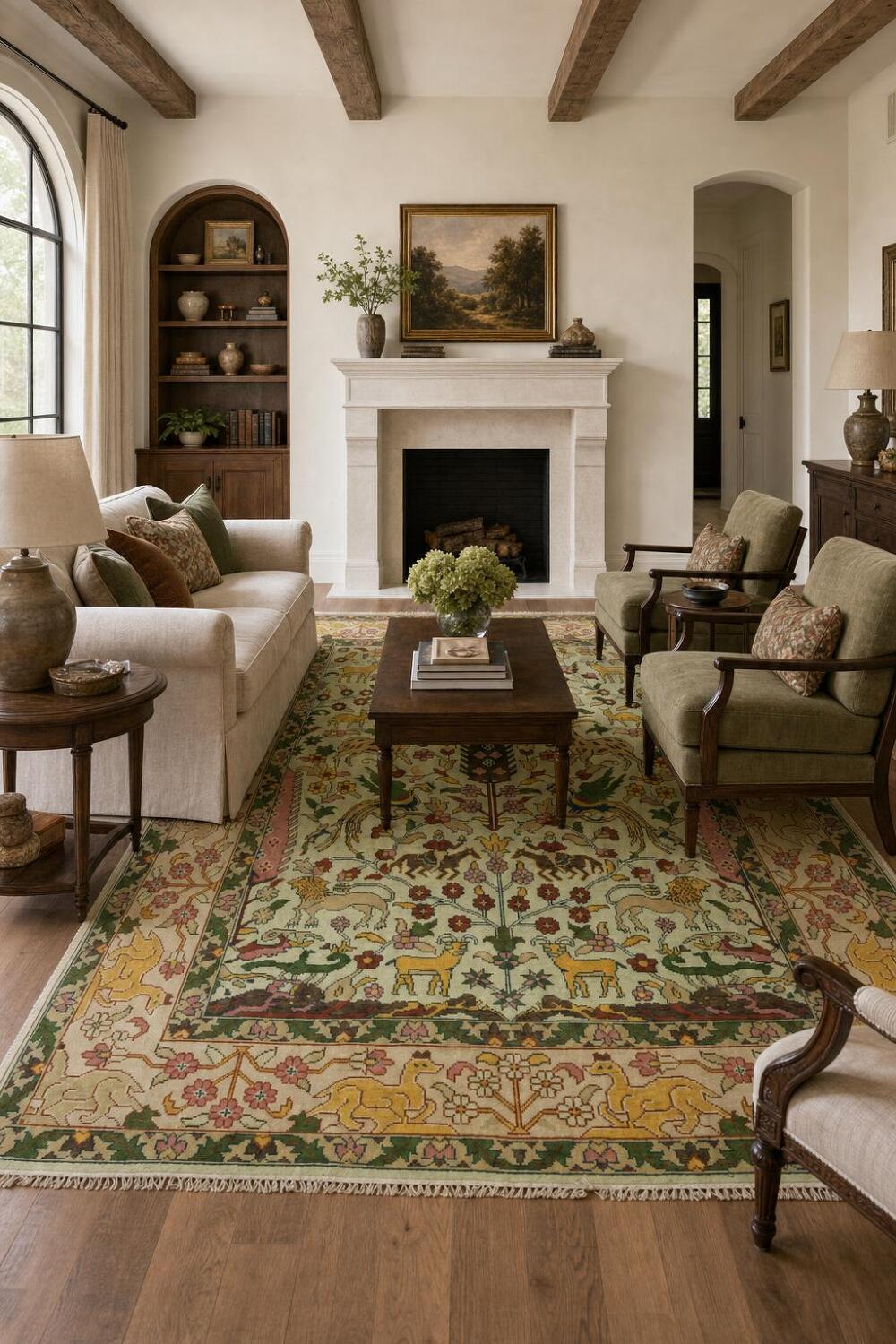 Mint Green Hunting Design Animal Pictorial Hand-Knotted Rug 9x12