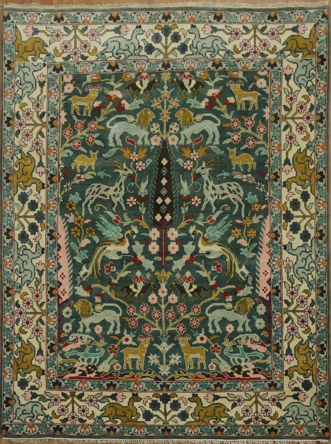 Teal Green Hunting Design Animal Pictorial Hand-Knotted Rug 9x12