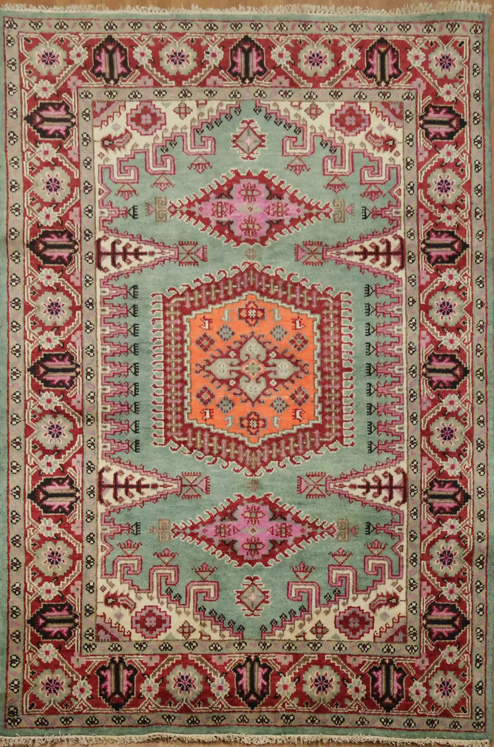 Elegant Turquoise and Coral Viss Indian Area Rug 6'x9'