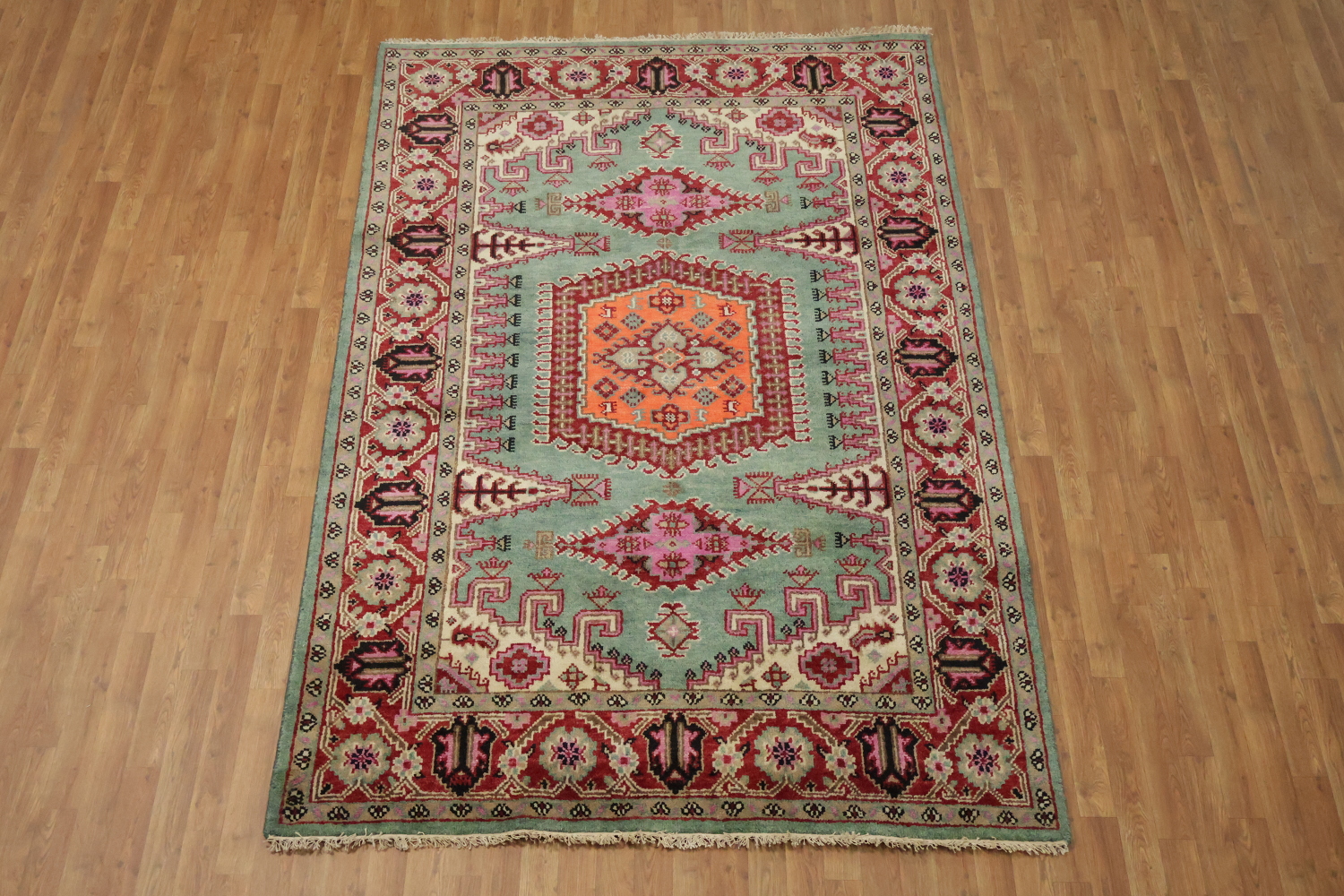 Elegant Turquoise and Coral Viss Indian Area Rug 6'x9'