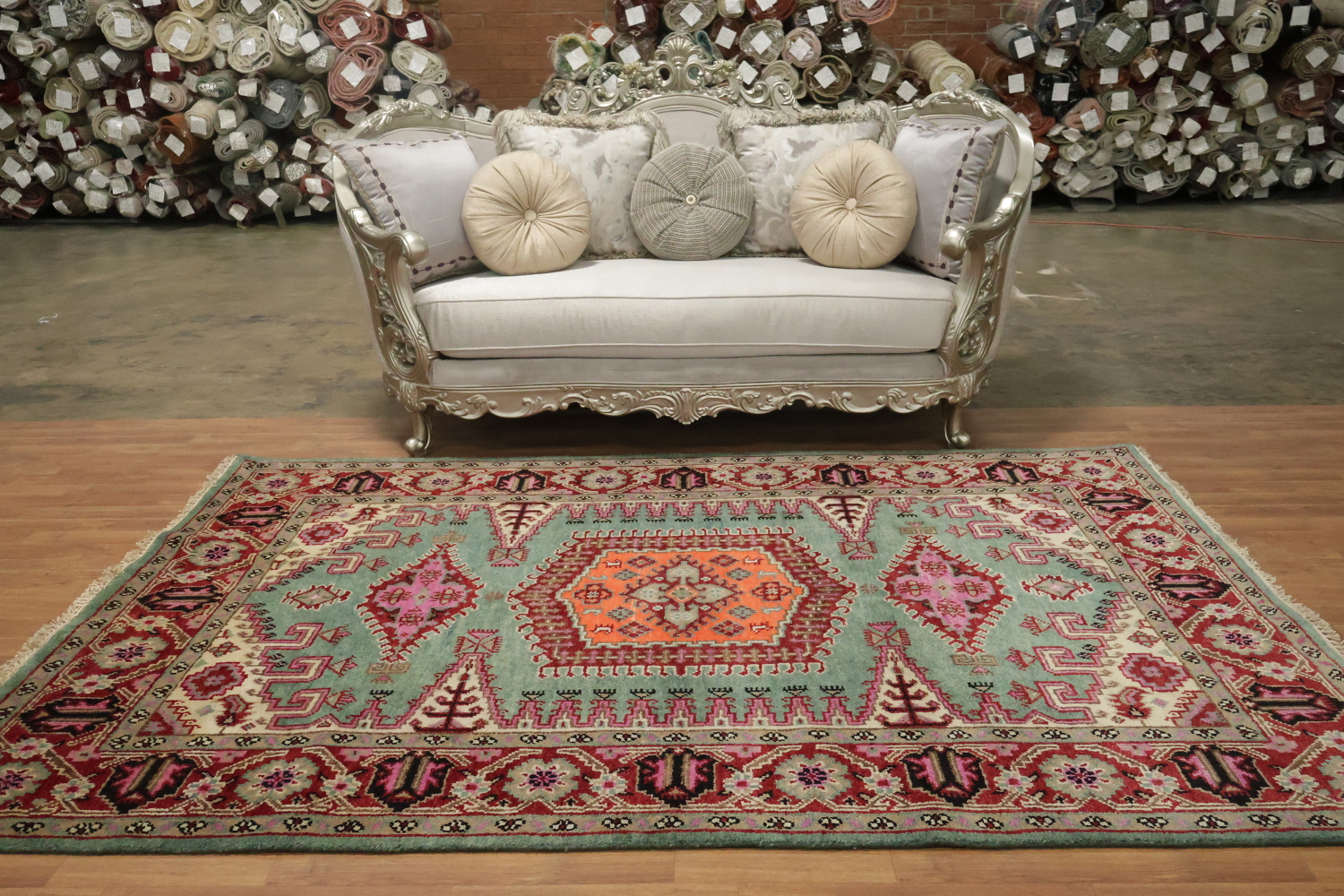 Elegant Turquoise and Coral Viss Indian Area Rug 6'x9'