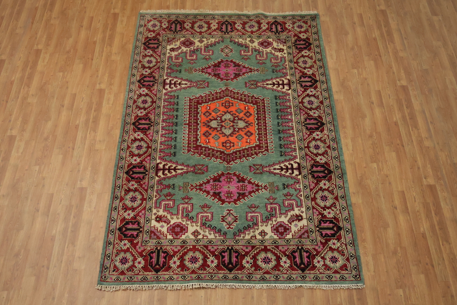 Elegant Turquoise and Coral Viss Indian Area Rug 6'x9'
