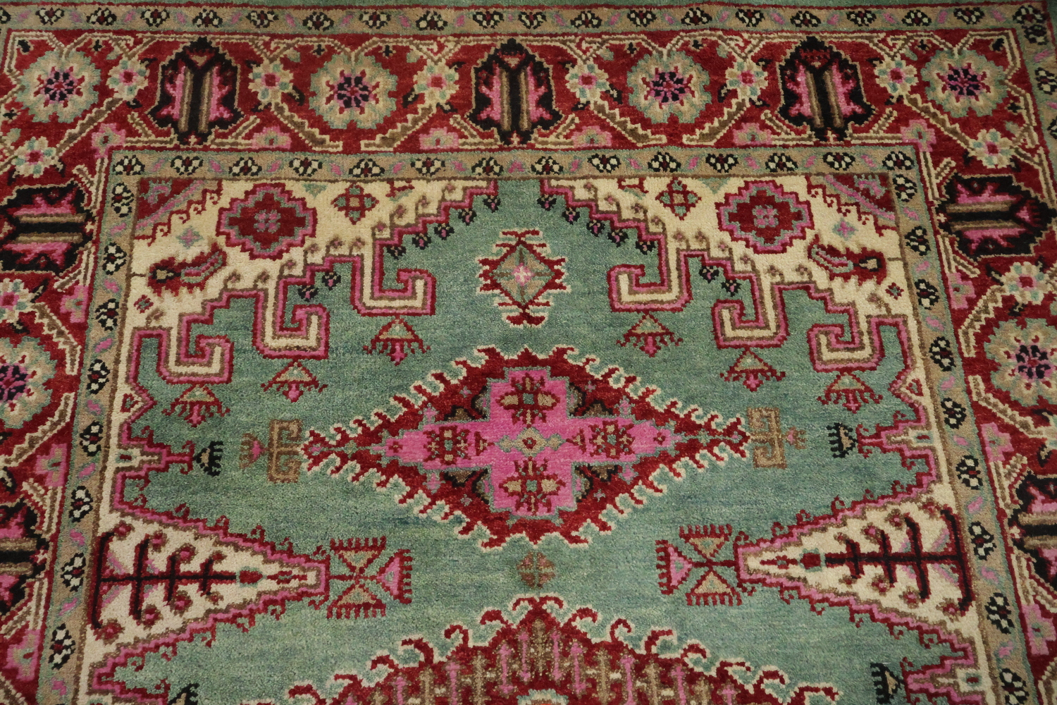 Elegant Turquoise and Coral Viss Indian Area Rug 6'x9'