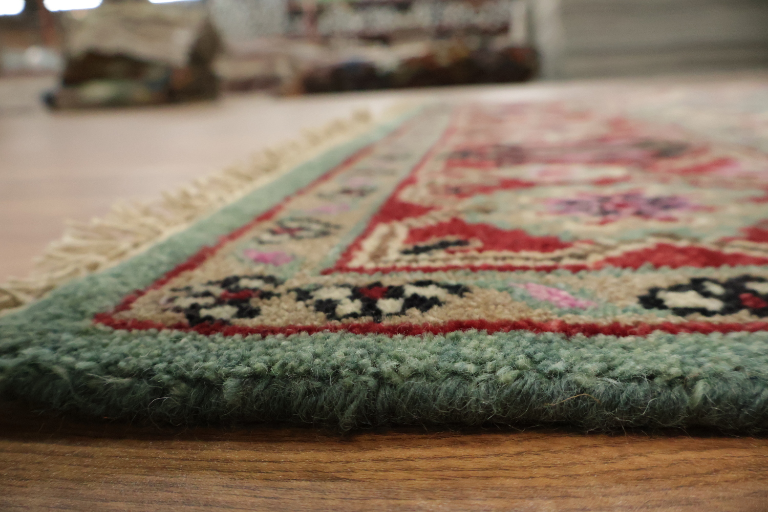 Elegant Turquoise and Coral Viss Indian Area Rug 6'x9'