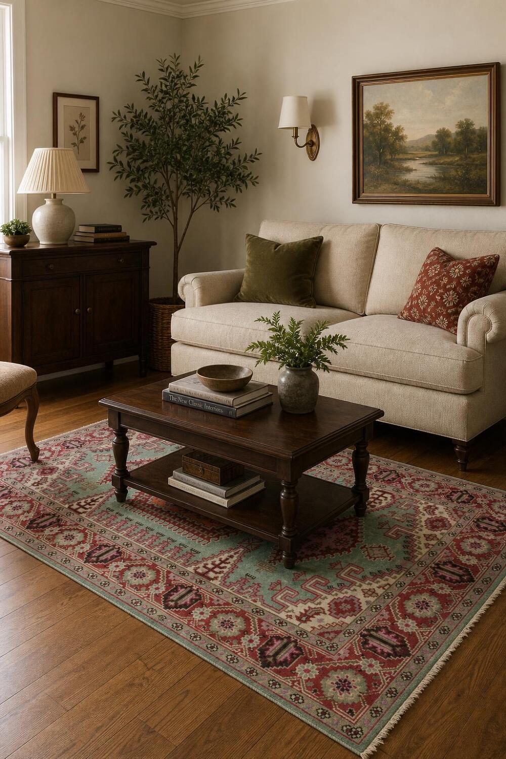 Elegant Turquoise and Coral Viss Indian Area Rug 6'x9'