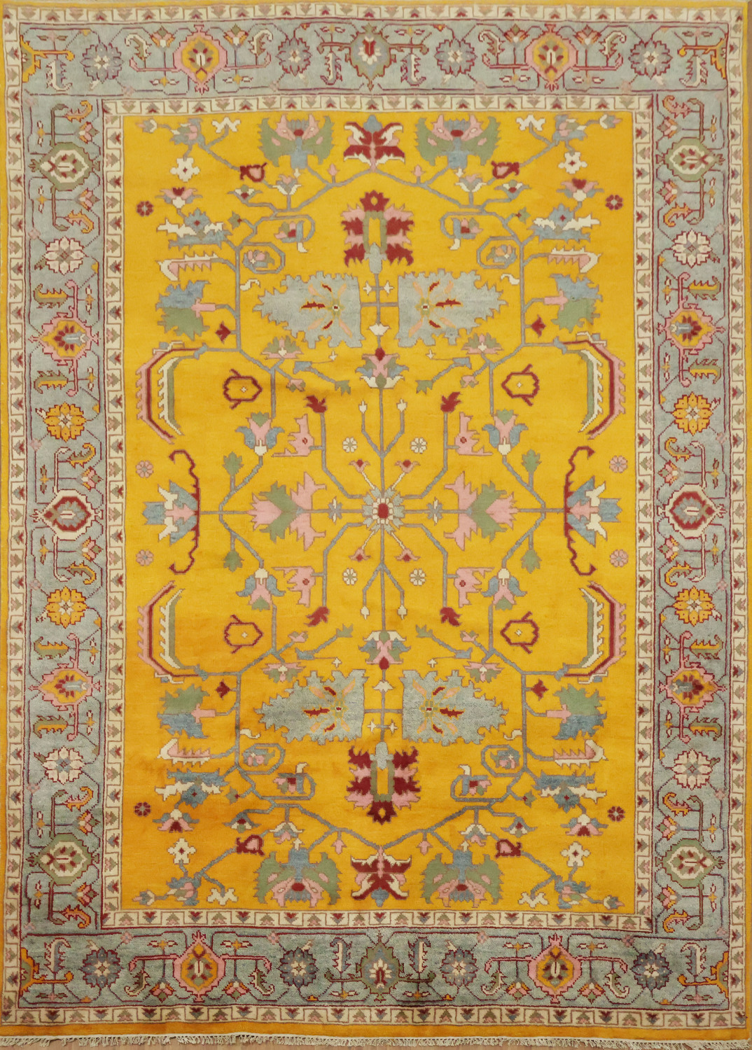 Rich Yellow Turkish-Style Rug Features Elegant Floral Patterns 9x12
