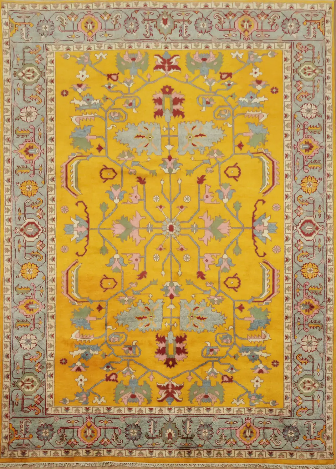 Rich Yellow Turkish-Style Rug Features Elegant Floral Patterns 9x12