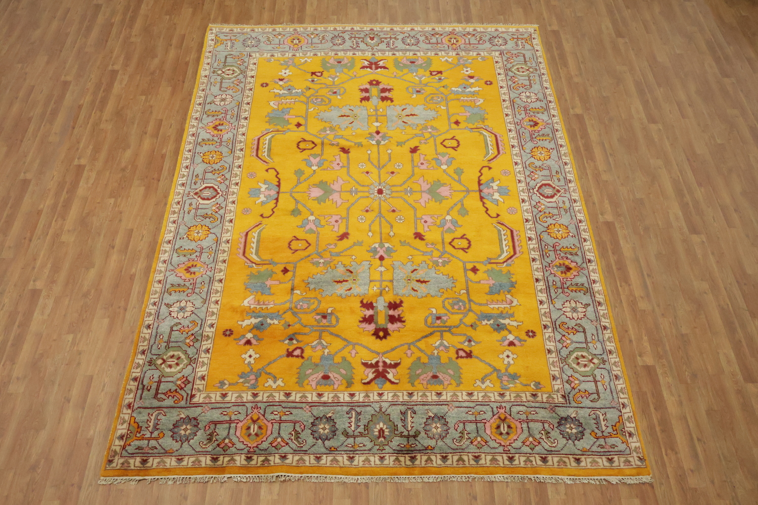 Rich Yellow Turkish-Style Rug Features Elegant Floral Patterns 9x12