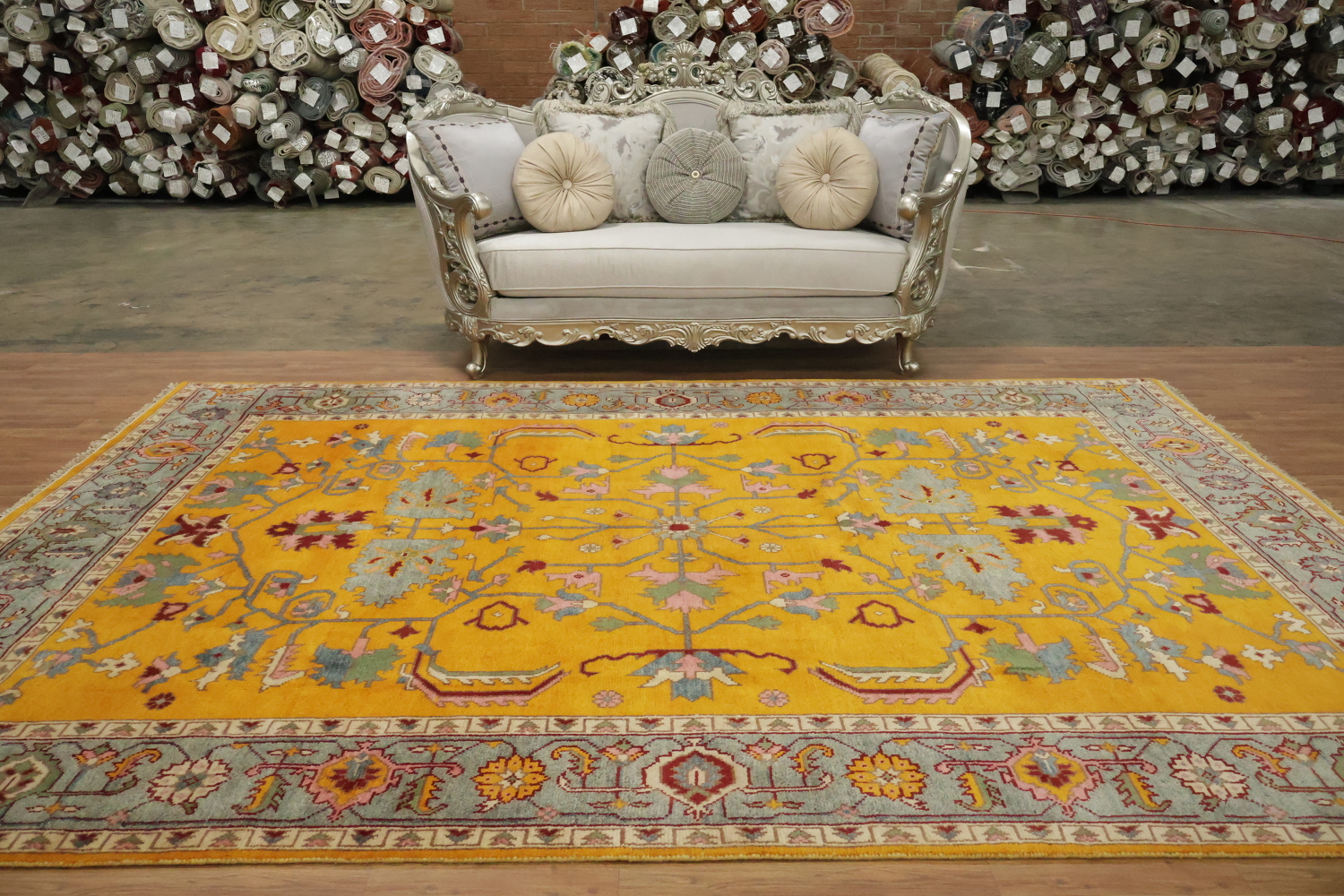 Rich Yellow Turkish-Style Rug Features Elegant Floral Patterns 9x12