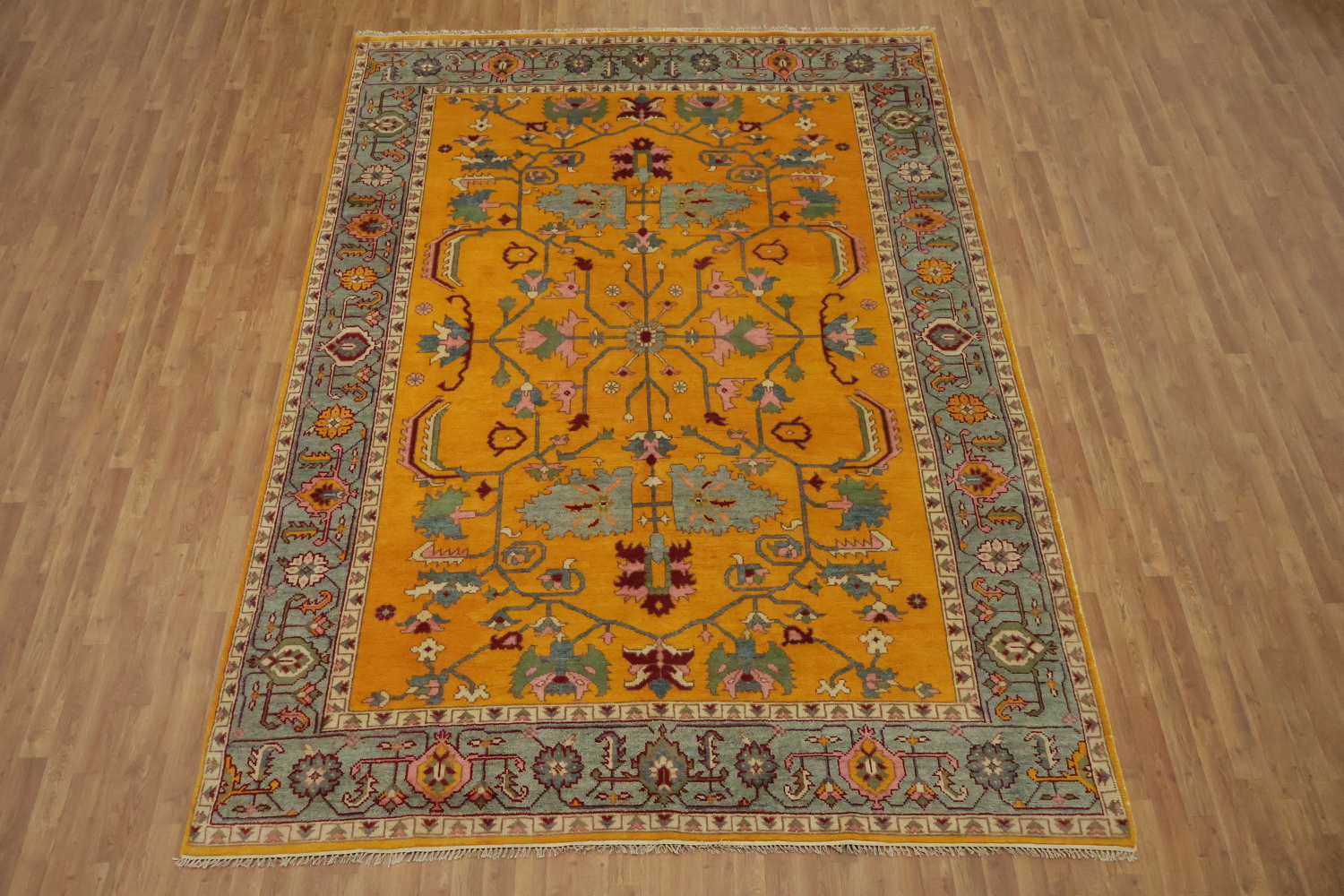 Rich Yellow Turkish-Style Rug Features Elegant Floral Patterns 9x12